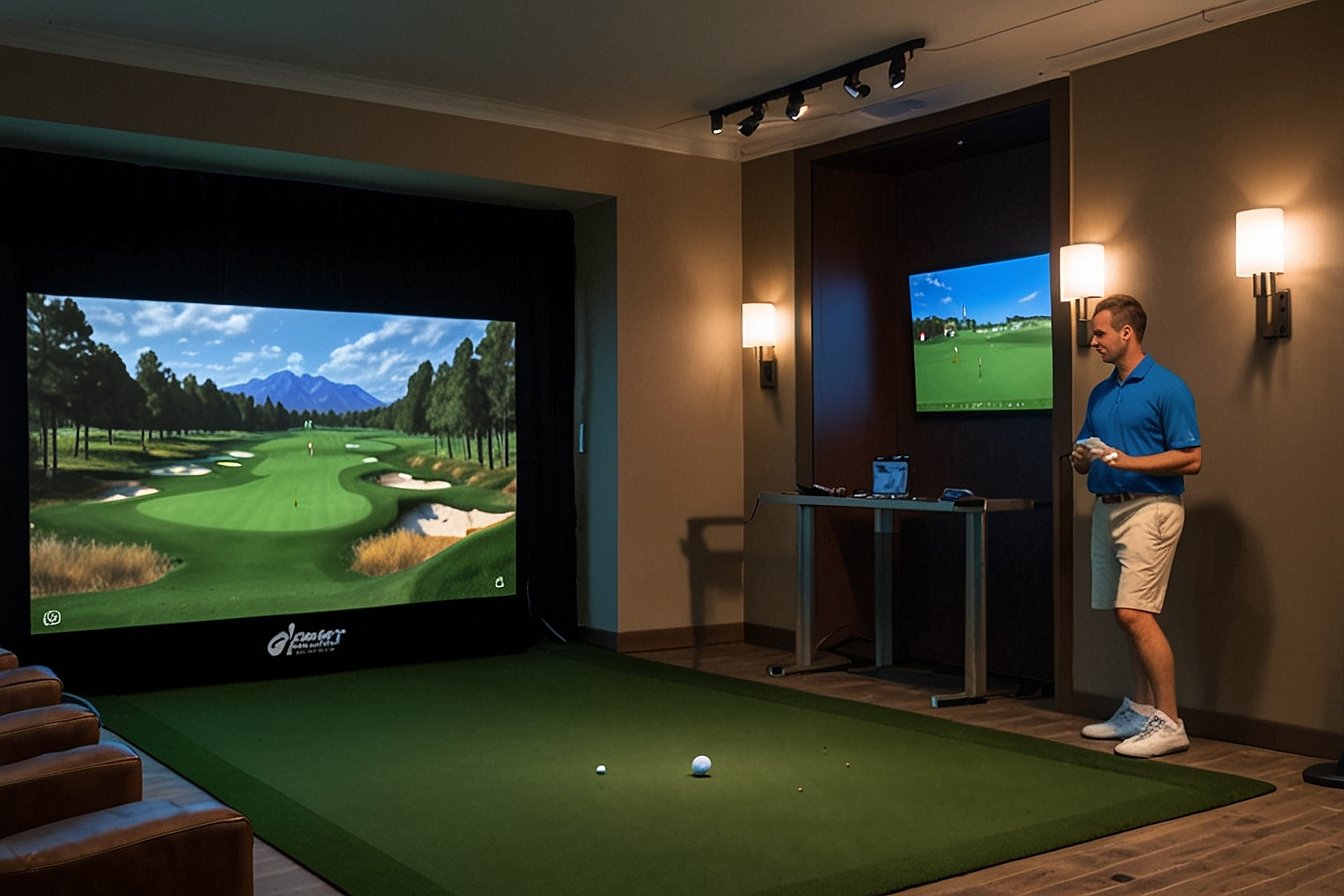 Person playing golf on a simulator, showcasing immersive indoor experience and advanced technology for year-round practice and play.