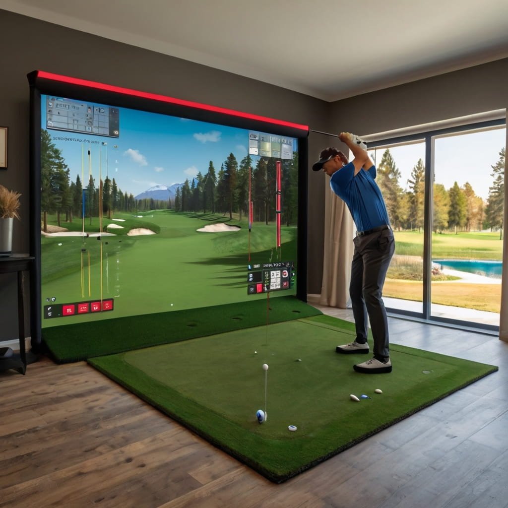 A high-quality golf simulator setup in a home environment.