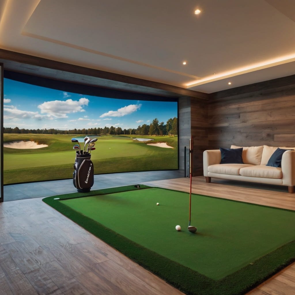 A high-quality golf simulator setup in a home environment.