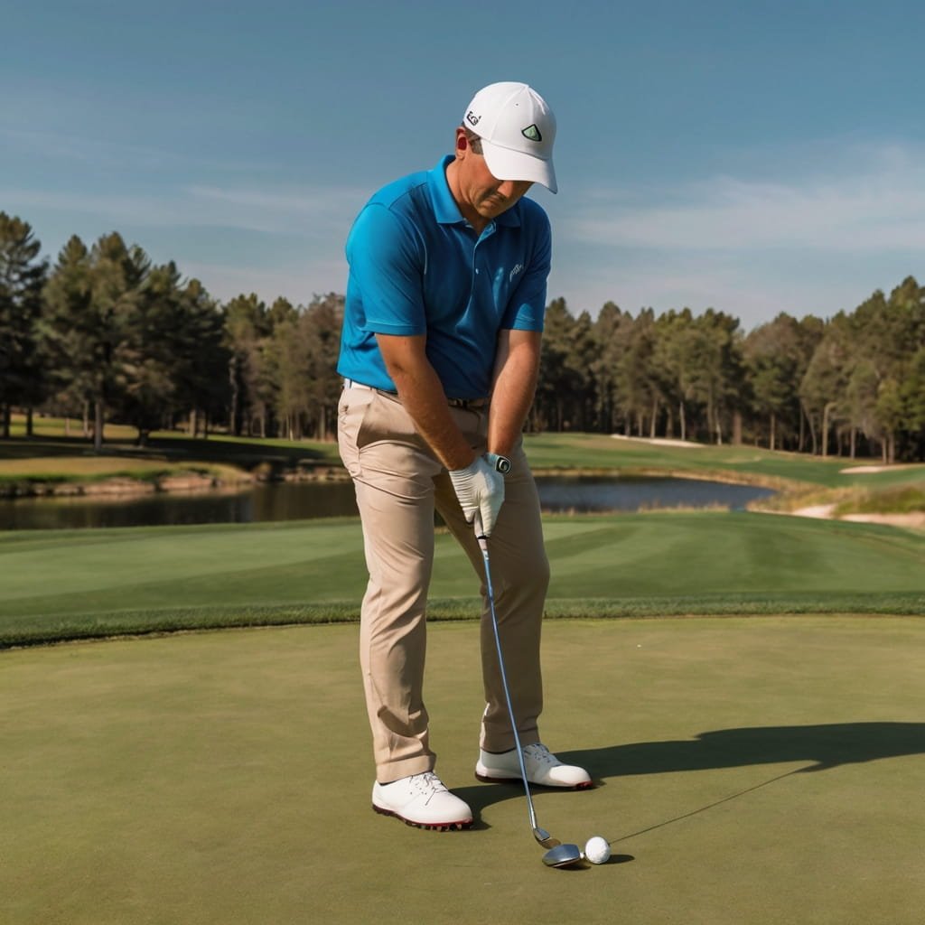 Golfer practicing to fix a slice on the driving range.