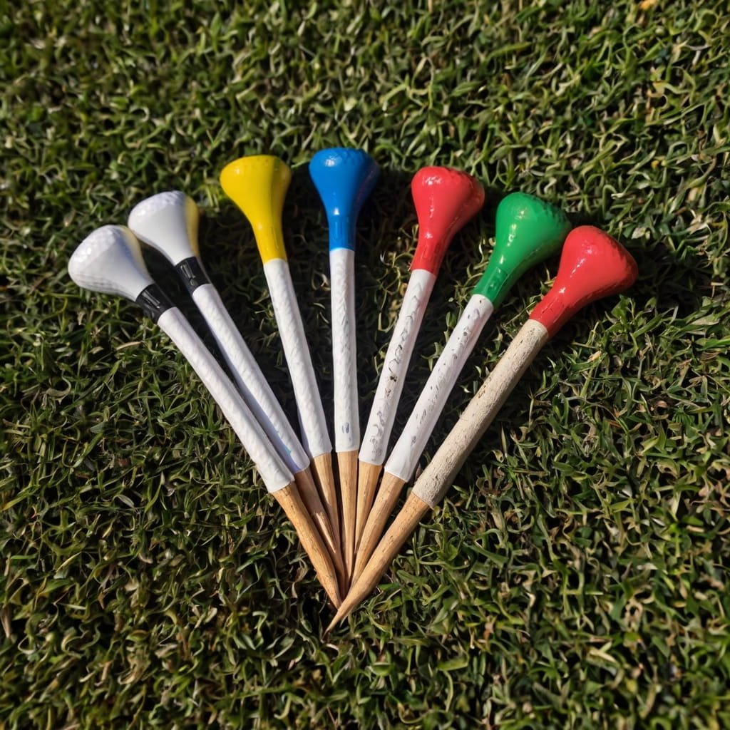 A collection of colorful custom golf tees with personalized designs.