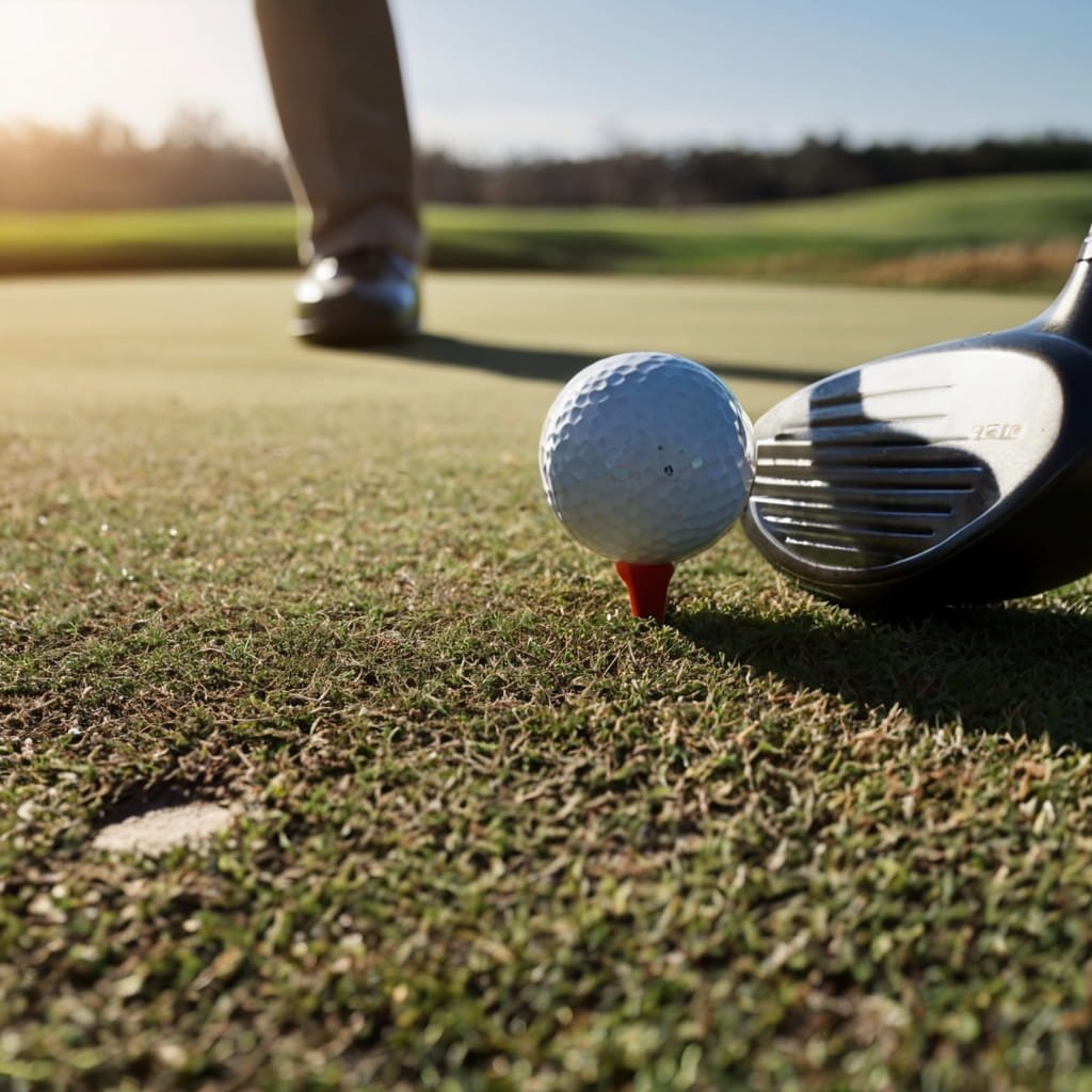 A golfer teeing off during a sunny day on the golf course.