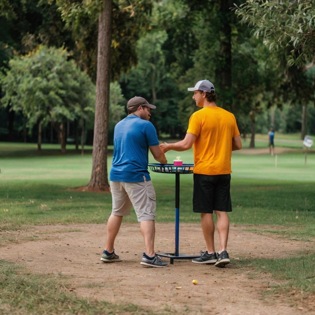 Players enjoying the disc golf scene at a scenic course.