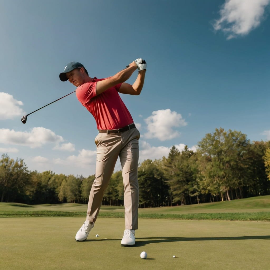 Golfer checking swing alignment on the course